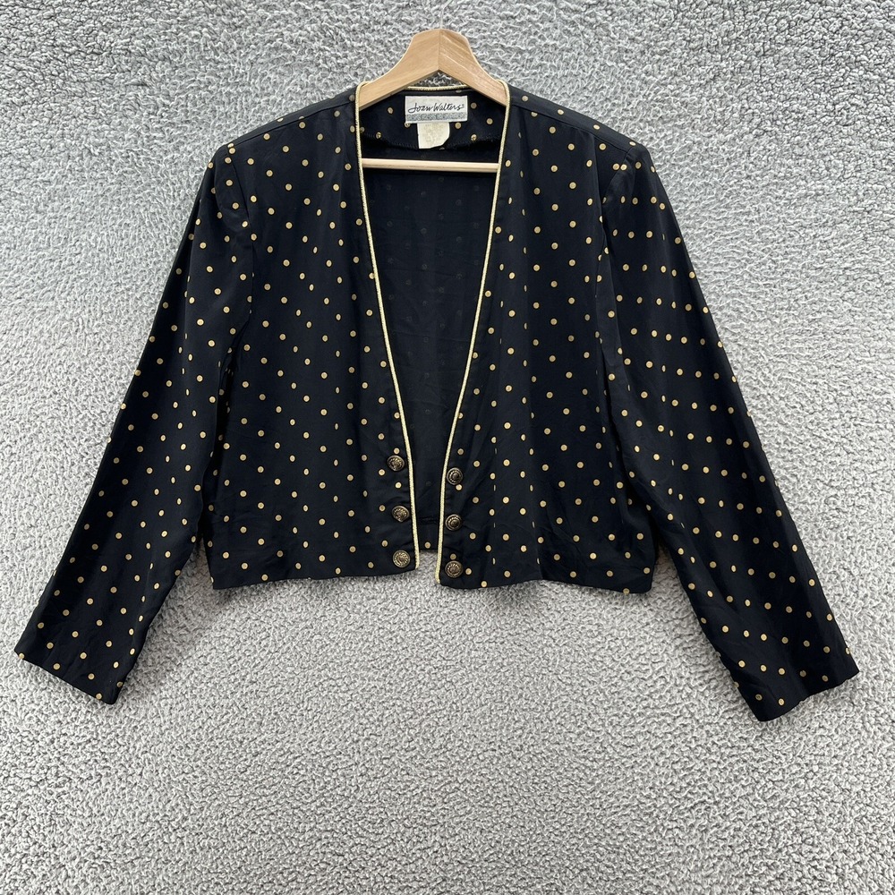 VTG 80s Joan Walters Top Womens 12 Black Gold Polka Dot Open Blazer Topper